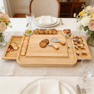 Popular Bamboo Square Charcuterie Boards Knife Set Kitchen Serving Platter Cheese Board Accessories Laser Engraved Non-Toxic