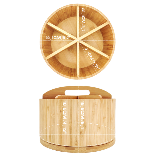Bamboo Desktop Office Organizer with 6 Wooden Compartments Rotating Pencil Holder Makeup Organizer Compartments