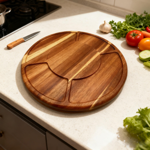 Eco-friendly Natural Wood Rotating Divided Plate Round Serving Tray with Laser Logo for Kitchenware Nut Snacks and Fruits
