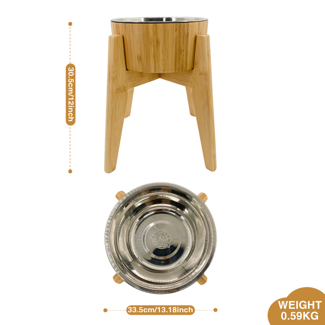 Customizable Indoor and Outdoor 304 Stainless Steel Pet Feeding Bowl with Bamboo Heightened Stand