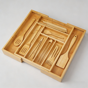 Bamboo Rectangle Utensil Drawer Organizer Cutlery Tray Desk Drawer Silverware Holder European Design Folding Feature Kitchen