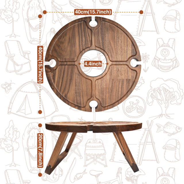 Folding Solid Wood Modern Outdoor Picnic Table with Wine Glass & Cheese Holder for Hotel and Living Room Use