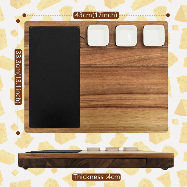 High Quality Acacia Wood Cutting Board Set Large Wooden Charcuterie Cheese Board Utensil Set 3 Ceramic Dishes Bamboo Material