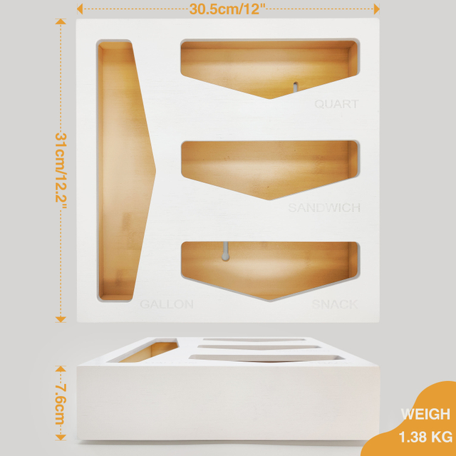 4 Compartments Square Bamboo Wood Food Storage Bag Organizer Box with Ziplock Dispenser for Kitchen Drawer