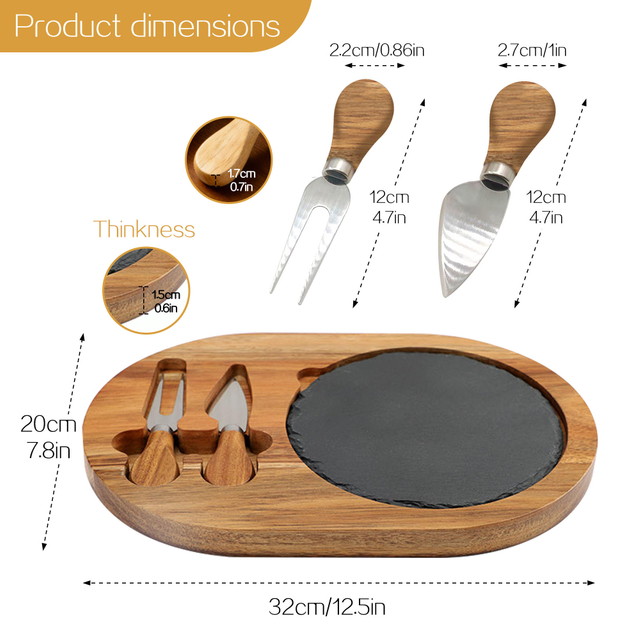 Custom Handmade Natural Black Slate and Wood Cheese Serving Board with Knife Set