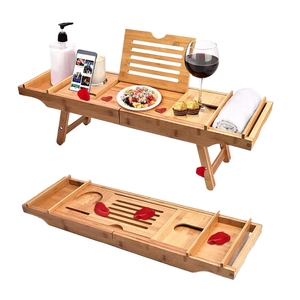 Natural Bamboo Wood Modern Four-Piece Set Bath Tub Caddy Tray Extendable Arms and Adjustable Legs 70x23CM for Bath Relaxation