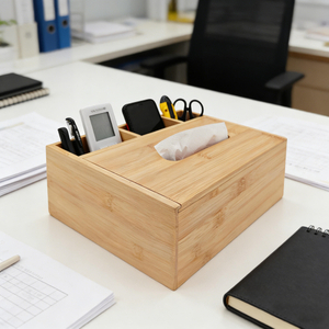 Premium Bamboo Desk Organizer, Multi-Functional Tissue Box with Pen Holder for Office & Home Desk