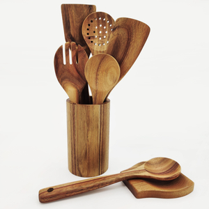 High Quality Natural Teak Acacia Wooden Kitchen Utensils Set Eco-Friendly Cookware Tools for Camping and Home Use