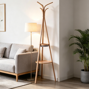 Multi Functional Movable Double-layer Bamboo Hanger Freestanding Coat Rack for Living Room Clothing Organizer