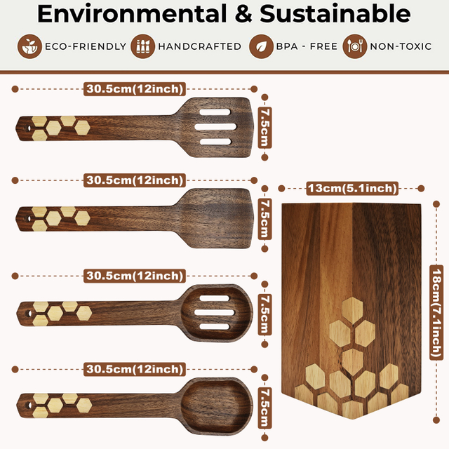 High Quality Kitchen Tools Acacia Wood Kitchen Cooking Set Wood 4 Piece Utensil With Holder