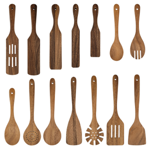 Wholesale 14 Pieces Kitchen Cooking Utensil Set Natural Solid Acacia Wood Mixing Spoon for Nonstick Pans Cookware