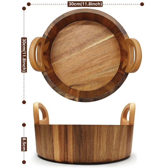 Hot Selling Wholesale Acacia Wood Square Breakfast Serving Tray with Handles Non-slip Wooden Food Serving Tray
