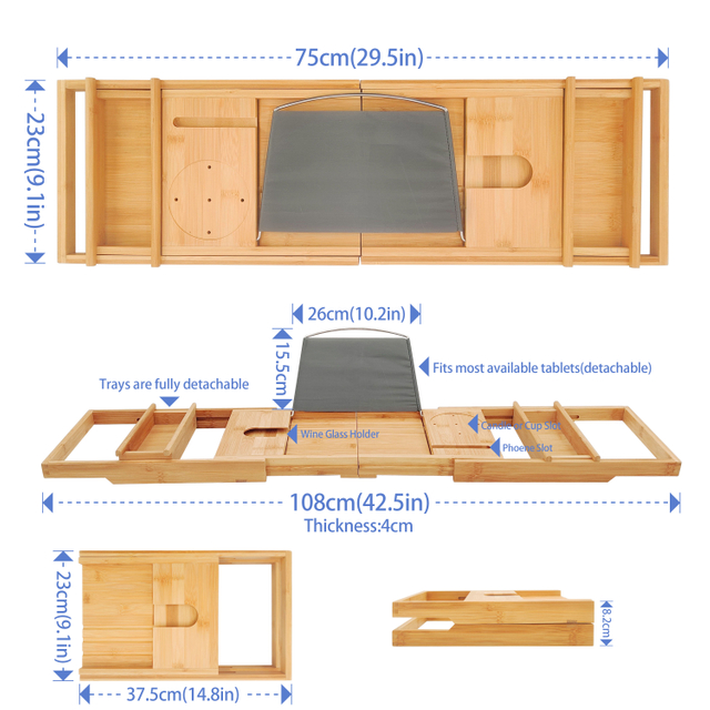 Detachable Bamboo Two-piece Bathtub Caddy Tray Eco-Friendly Luxury Bathtub Accessories Organizer Free Soap Dish for Home Hotel