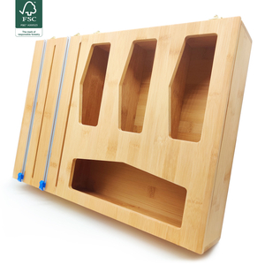 Kitchen Bamboo Drawer Organizers with Plastic Foil Wrap Dispenser Holder Foldable Ziplock Bag Storage Organizer Wooden Lids