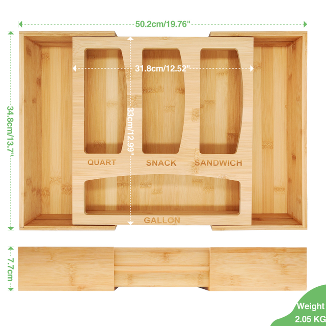 Bamboo Ziplock Bag Storage Organizer for Kitchen Drawer, Baggie Organizer, Compatible With Gallon, Quart, Sandwich Size Bag