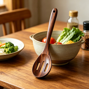 Hot Selling Sustainable Eco-Friendly Wooden Slotted Serving Spoon Ergonomic Acacia Wood Handle Food Safe Kitchen Utensil for