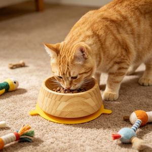 Premium Non-Slip Bamboo Cat Bowl, Suction Silicone Base Pet Feeder for Cats & Small Dogs