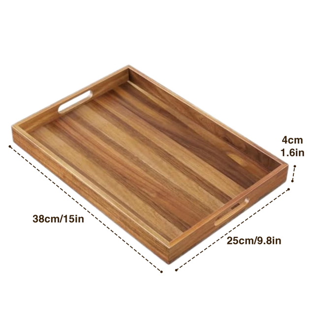 15-Inch Classic Acacia Wooden Oil Rubbed Finish Carved Portable Food-Safe Tray Handle Large Rectangular Decorative Storage