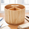 Bamboo Desktop Office Organizer with 6 Wooden Compartments Rotating Pencil Holder Makeup Organizer Compartments