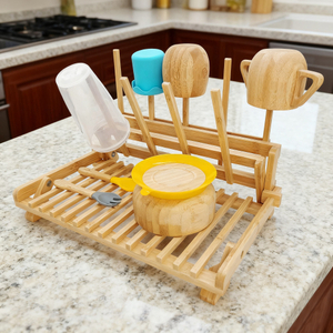 Functional Foldable Bamboo Drying Rack Space-Saving Collapsible Floor-Standing Durable Kitchen Bathroom Dish Baby
