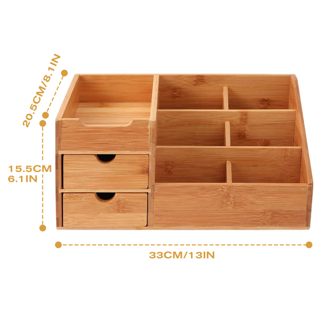 Classic Rectangle Bamboo Wooden Cosmetic Makeup Organizer Box Drawers Laser Engraved Multifunctional Office Sundries Storage