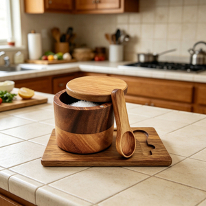 Eco-Friendly Acacia Wood Salt Keeper with Lid, Stylish Spice Storage Box for Home Kitchen & Culinary Use