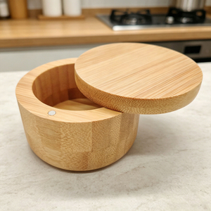 Eco-Friendly Carved Bamboo Salt Keeper with Laser Logo Swivel Lid Stylish Multifunction Seasoning Storage for Home Kitchen Use