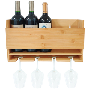 Home Decor Eco-Friendly Foldable Bamboo Wood Wall Mounted Wine Rack with Wine Glass Holder Floating Wall Shelves