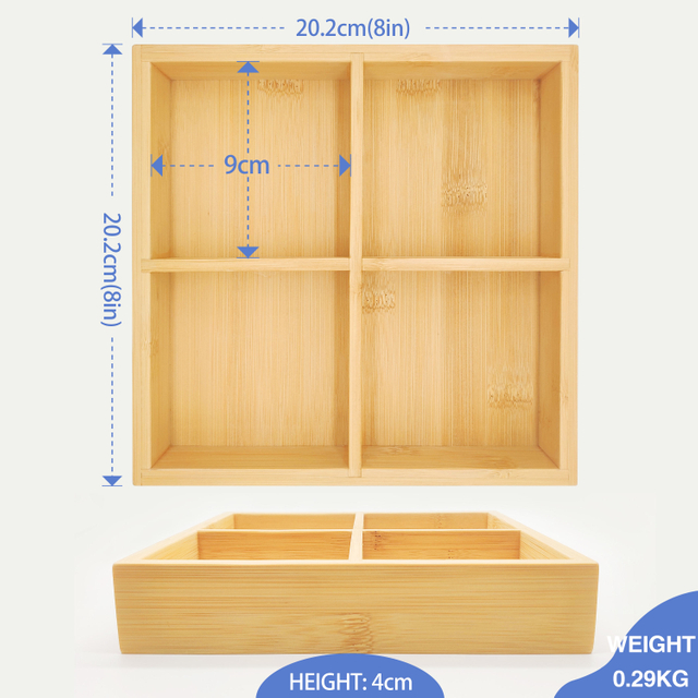Hot Selling 4-Section Bamboo Divided Tray, Natural Bamboo Storage Box for Snacks, Office Supplies & Tabletop