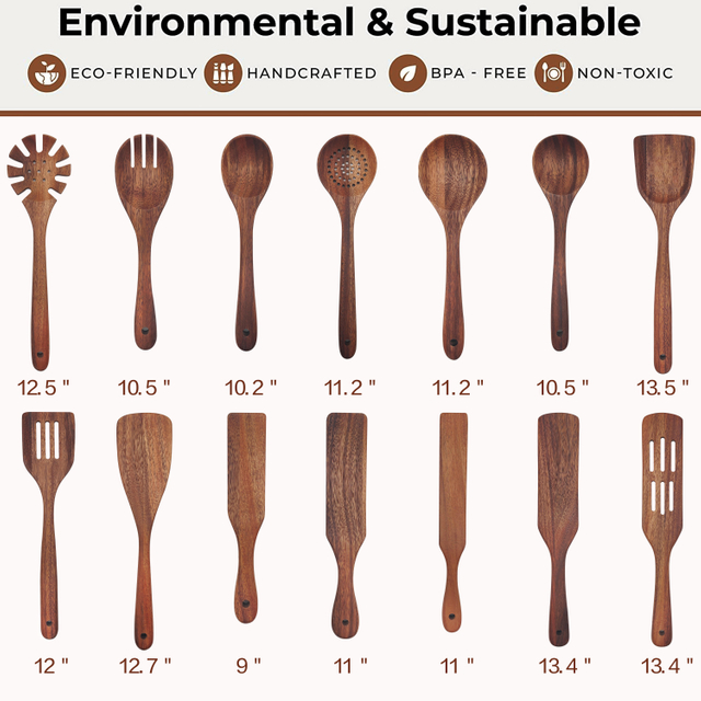 Wholesale 14 Pieces Kitchen Cooking Utensil Set Natural Solid Acacia Wood Mixing Spoon for Nonstick Pans Cookware