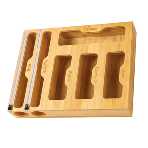 Ziplock Bag Dispenser Bamboo Drawer Storage Box Wall Mounted Holders and Racks 6 in 1 Foil Plastic Wrap Organizer for Kitchen