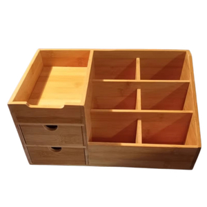 Classic Rectangle Bamboo Wooden Cosmetic Makeup Organizer Box Drawers Laser Engraved Multifunctional Office Sundries Storage