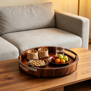 Wholesale Custom Eco-Friendly Europe Design Rustic Brown Wood Serving Food Tray Handmade Handles Kitchen Desk Bathroom