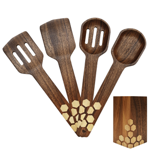 Natural Acacia Wood Kitchen Utensil Set Heat Resistant Non Stick Wood Cookware Slotted Spurtle Spatula Sets