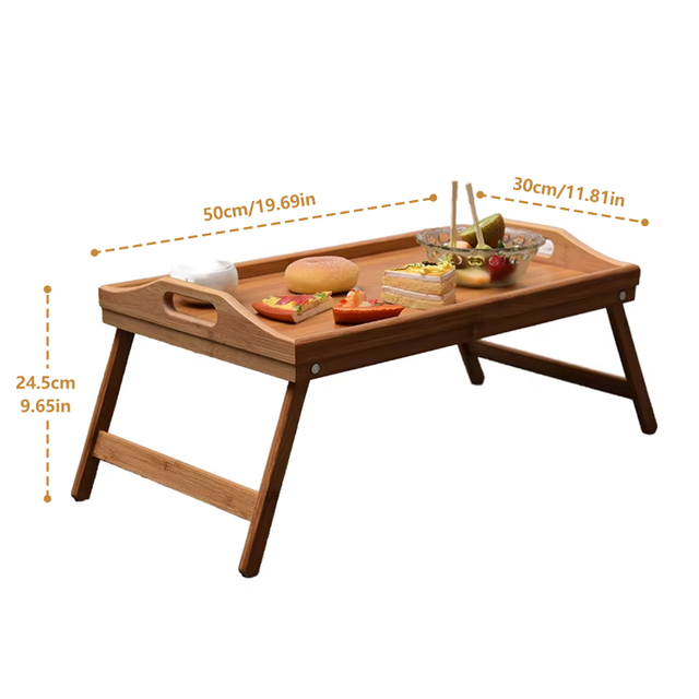 Luxury Single-Tier Bamboo Folding Leg Breakfast Tray with Handles Classic Design for Serving Food on Sofa or in Kitchen