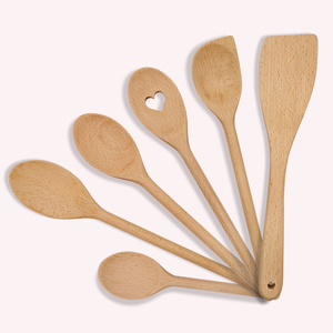 Wholesale Customized Logo Beech Wood Spoon Spatula Fork Ladle Tong Turner Cooking Serving Kitchen Utensil
