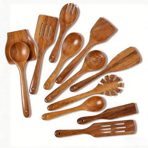 2026 Wholesale 100% Natural Eco-Friendly 14pcs Durable Black Walnut Wood Nonstick BPA Free Kitchen Wooden Utensils for Camping
