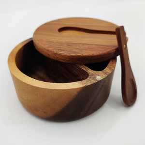 Custom Logo Natural Acacia Wood Seasoning Spice and Salt Box Cellar with Spoon