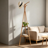 Bamboo Coat Rack Stand Free Standing 2 Tier 6 Hooks Multifunctional Hat & Coat Hanger for Hotel & Bathroom Use