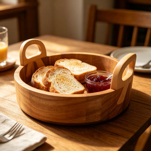 Eco-Friendly Round Acacia Wood Bowl with Handles, Stylish Wooden Serving Basket for Kitchen & Dining