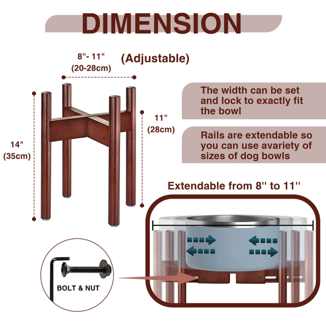 Adjustable Solid Wood Large Dog Bowl Stand Feeder Holder Food Container Natural Wood Storage Shelf Unit Single Tier Eco-Friendly