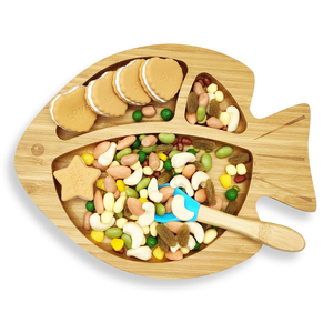 Cartoon Baby Tableware Eco-Friend Does Not Contain BPA Fish Bamboo Baby Plate & Spoon