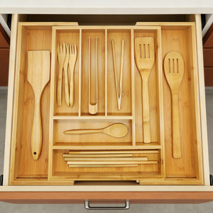 Bamboo Expandable Drawer Organizer for Utensils Holder, Adjustable Cutlery Tray, Wood Drawer Dividers Organizer for Silverware