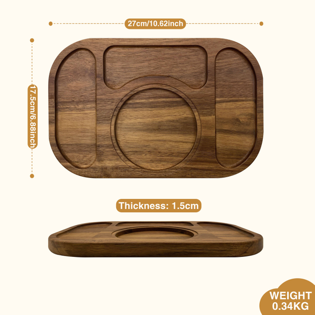 Eco-Friendly Food-Safe Acacia Wood Divided Tray,Durable Multi-Compartment Wooden Serving Board for Home, Cafe and Restaurant Use