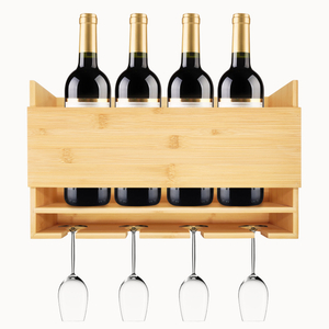 Custom Wooden Wall Mounted Wine Rack Wine Bottles Holder with Hanging Stemware Glasses Set and Wine Cork Storage