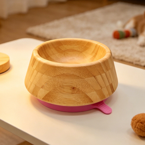 Premium Non-Slip Bamboo Pet Bowl, Durable Wooden Feeding Bowl with Suction Base for Dogs & Cats