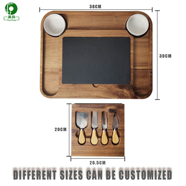 38*30*4cm Large Customizable | Cheese Board with Sauce Cup Snack Trough | Acacia Wood Four Knife Four Fork Cheese Board