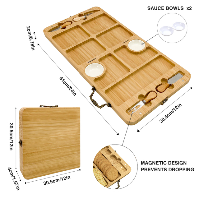 Portable Foldable Bamboo Cheese Board Set Laser Logo Includes Charcuterie Knife for Serving Charcuterie Board for Picnics Travel