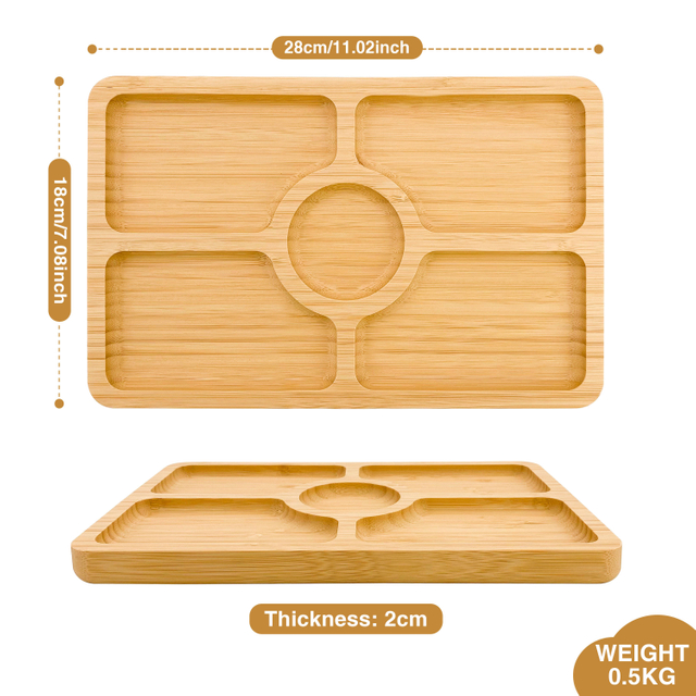 Bamboo Serving Tray with 5 Compartments Eco-Friendly Charcuterie Board Food Dish Plate Laser Logo for Presenting Dishes & Plates