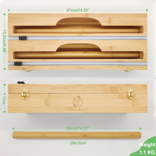 2 in 1 Compatible Bamboo Roll Organizer Holder Wrap Dispenser with Cutter and Logo for Kitchen Drawer